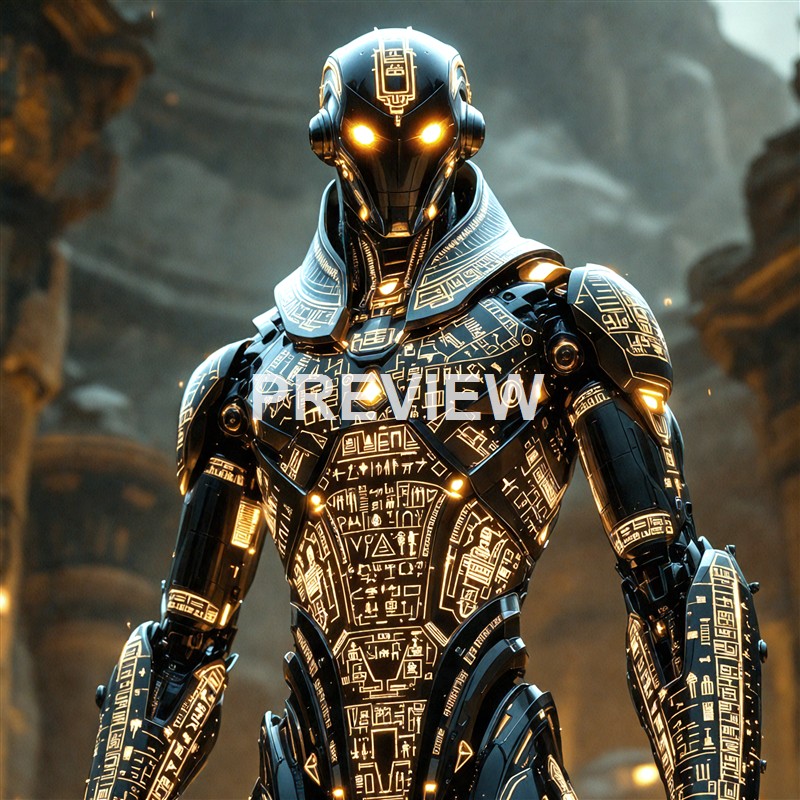 A futuristic humanoid robot with glowing yellow eyes and intricate glowing patterns on its black metallic body, standing in a cavernous environment with ancient columns.